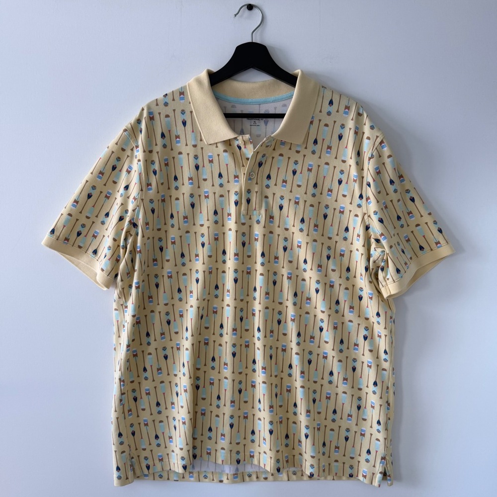 Lands End Mens XL Yellow Nautical Oar Paddle Print Polo Shirt Traditional Fit